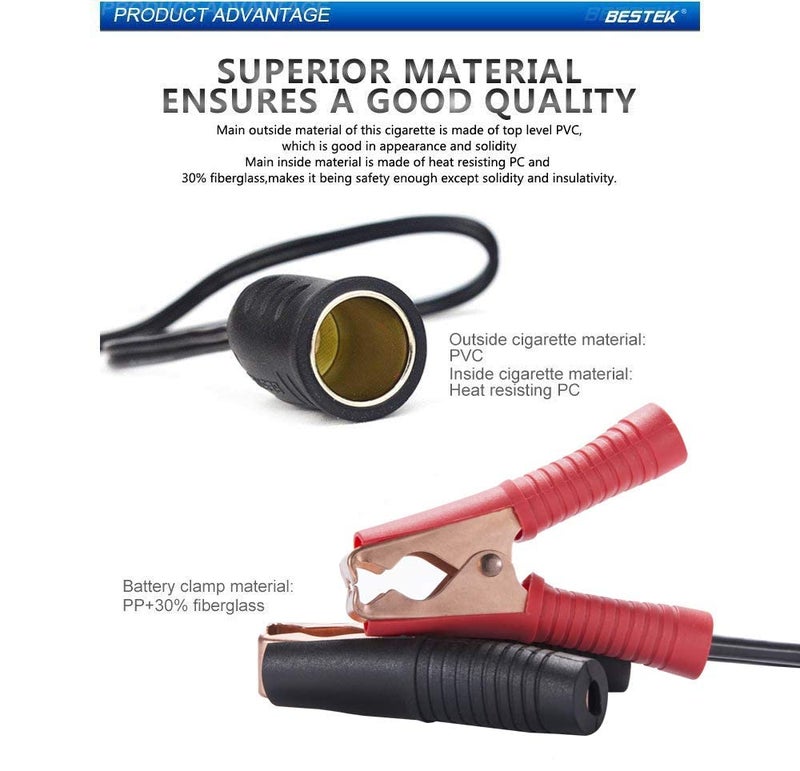 BESTEK 12V 24V سلك تمديد مع قابس ومشبك بطارية، 3.9 قدم/1.2 متر 16AWG محول ولاعة سجائر للسيارة - Image 3