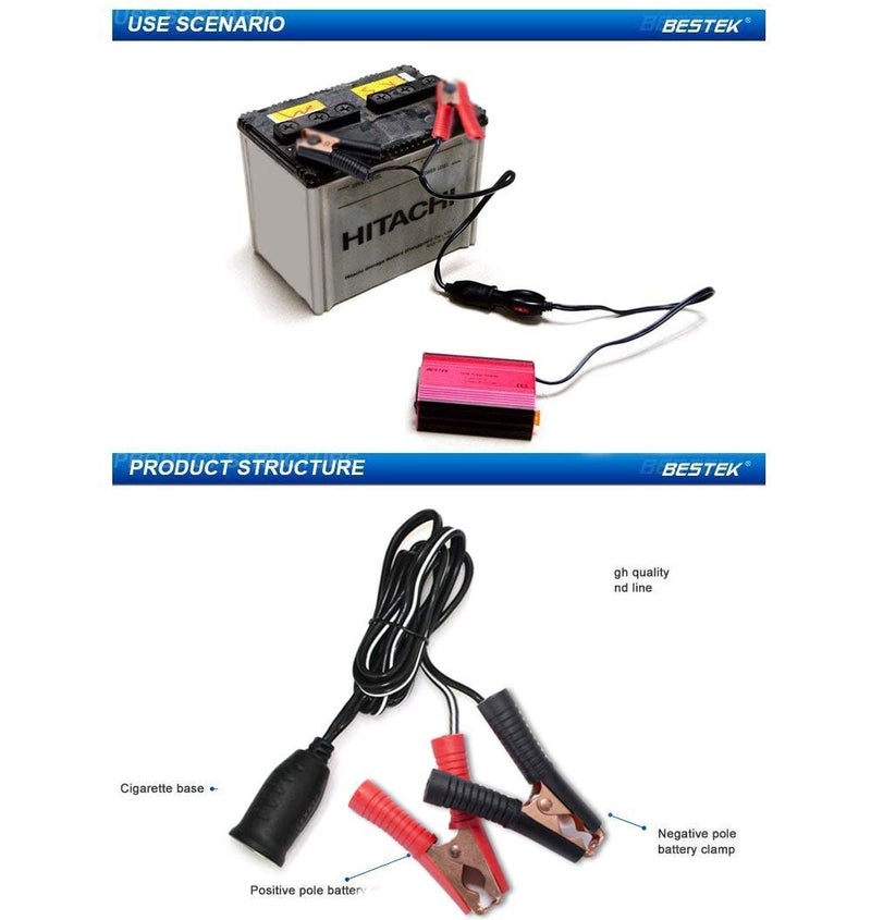 BESTEK 12V 24V سلك تمديد مع قابس ومشبك بطارية، 3.9 قدم/1.2 متر 16AWG محول ولاعة سجائر للسيارة - Image 4