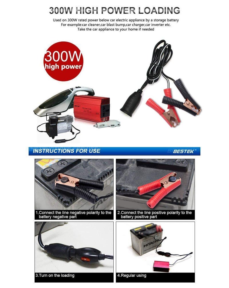 BESTEK 12V 24V سلك تمديد مع قابس ومشبك بطارية، 3.9 قدم/1.2 متر 16AWG محول ولاعة سجائر للسيارة - Image 5
