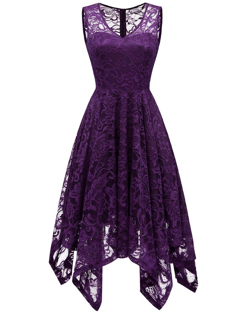 Meetjen Women's Sleeveless V-Neck Lace Cocktail Prom Dresses Summer Bridesmaid High Low Short Formal Dress Grape M - Image 5