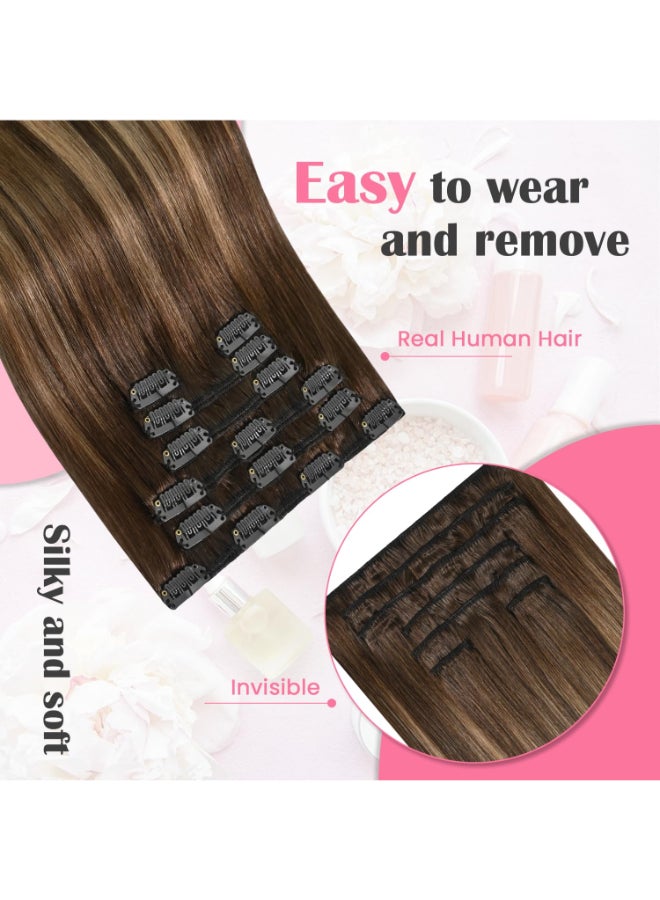 Aison Balayage Clip in Hair Extensions Real Human Hair 70G Chocolate Brown To Dark Blonde Straight 7pcs 16clips Ombre Hair Extensions Clip in 15 Inch 4T27P4 - Image 4