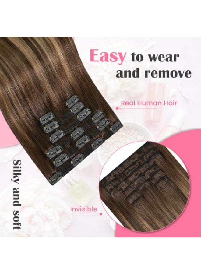 Aison Balayage Clip in Hair Extensions Real Human Hair 70G Chocolate Brown To Dark Blonde Straight 7pcs 16clips Ombre Hair Extensions Clip in 15 Inch 4T27P4 - Image 3