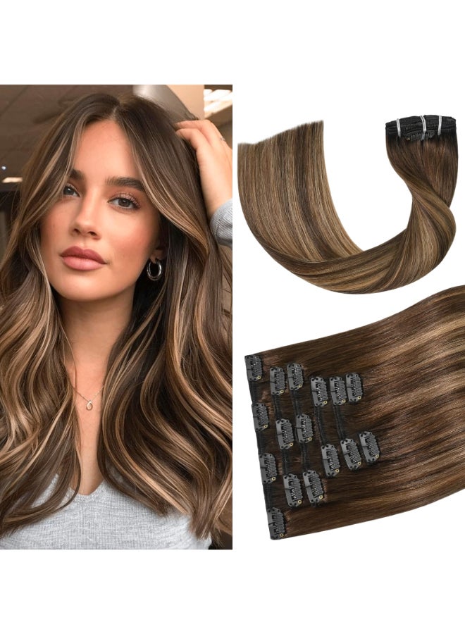 Aison Balayage Clip in Hair Extensions Real Human Hair 70G Chocolate Brown To Dark Blonde Straight 7pcs 16clips Ombre Hair Extensions Clip in 15 Inch 4T27P4 - Image 2
