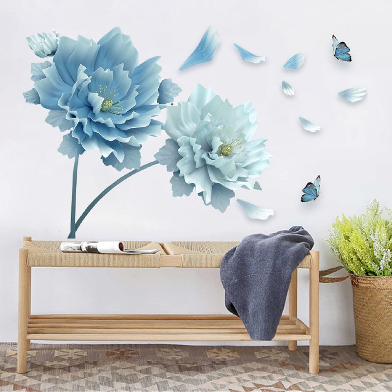 ROFARSO 492 x 307 3D Blue Flowers Butterflies Wall Stickers Vinyl Removable Large Wall Decals Art Decorations Decor for Bedroom Living Room Office Study Room Murals