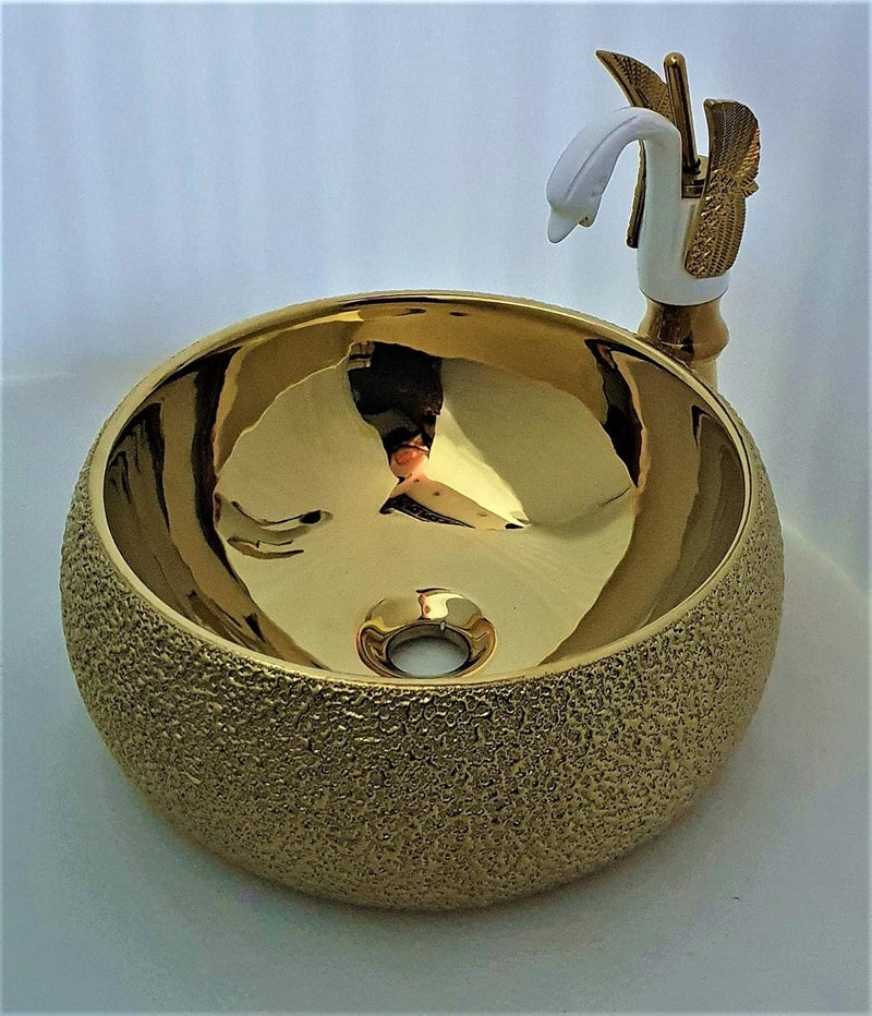 B BACKLINE Ceramic Designer Round Over Counter Table Top Wash Basin with Tap 40 X 40 X 15 cm Gold - Image 1