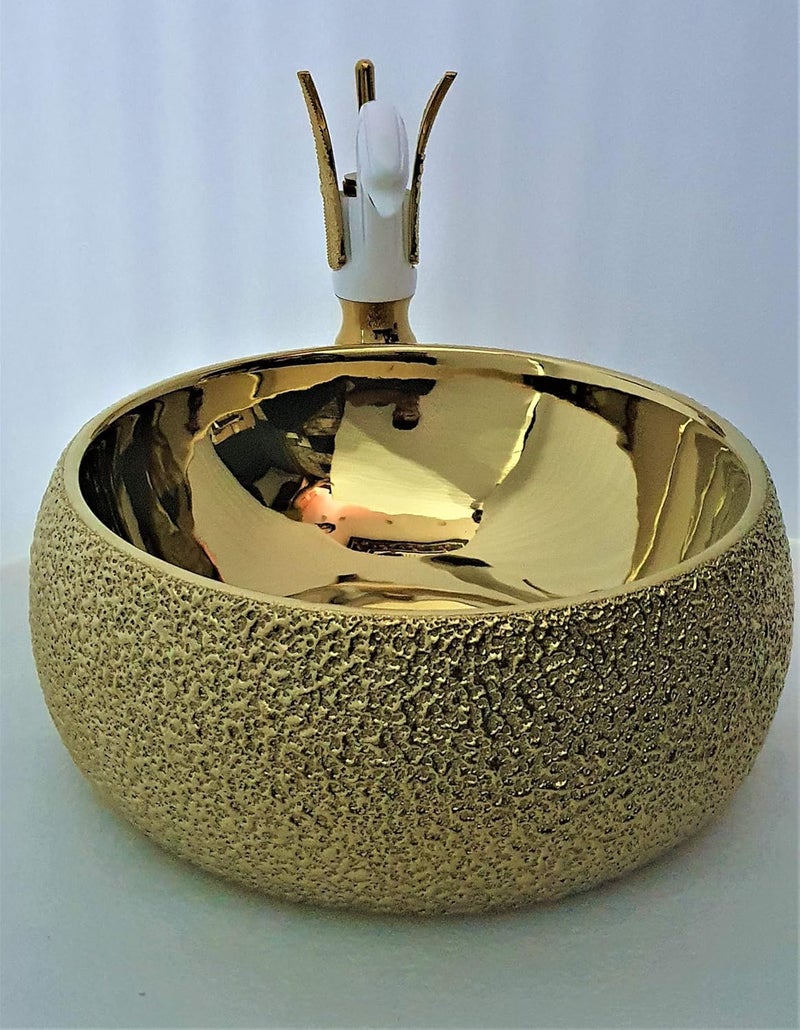 B BACKLINE Ceramic Designer Round Over Counter Table Top Wash Basin with Tap 40 X 40 X 15 cm Gold - Image 2