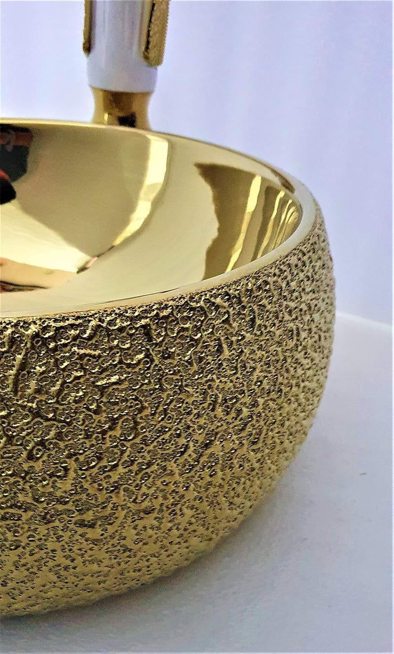 B BACKLINE Ceramic Designer Round Over Counter Table Top Wash Basin with Tap 40 X 40 X 15 cm Gold - Image 4