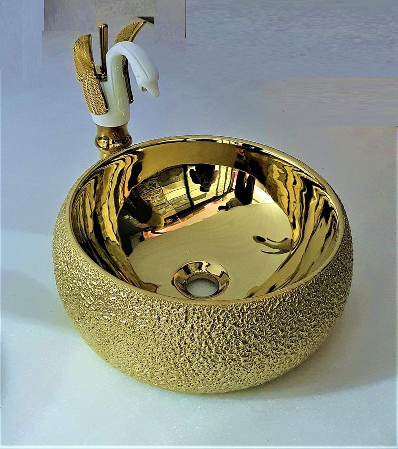 B BACKLINE Ceramic Designer Round Over Counter Table Top Wash Basin with Tap 40 X 40 X 15 cm Gold - Image 3