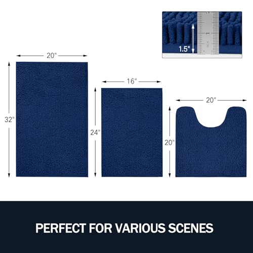 LINLA 3 Pieces Bathroom Rug Set, Absorbent Non Slip Chenille Bath mat, Thick Plush Chenille Carpet Mats Set,Washable Dry Quickly with U-Shaped Toilet Mat for Tub, Shower（Navy Blue） - Image 3