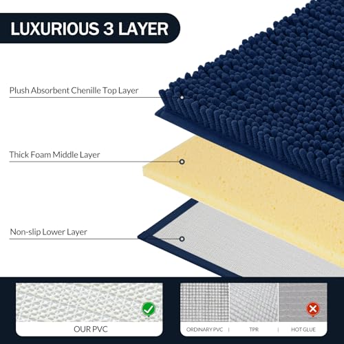 LINLA 3 Pieces Bathroom Rug Set, Absorbent Non Slip Chenille Bath mat, Thick Plush Chenille Carpet Mats Set,Washable Dry Quickly with U-Shaped Toilet Mat for Tub, Shower（Navy Blue） - Image 4