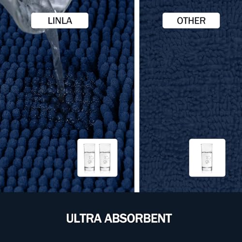 LINLA 3 Pieces Bathroom Rug Set, Absorbent Non Slip Chenille Bath mat, Thick Plush Chenille Carpet Mats Set,Washable Dry Quickly with U-Shaped Toilet Mat for Tub, Shower（Navy Blue） - Image 5