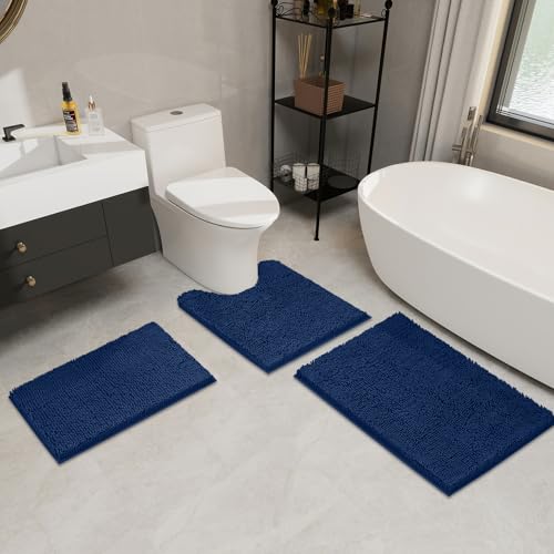 LINLA 3 Pieces Bathroom Rug Set, Absorbent Non Slip Chenille Bath mat, Thick Plush Chenille Carpet Mats Set,Washable Dry Quickly with U-Shaped Toilet Mat for Tub, Shower（Navy Blue） - Image 2