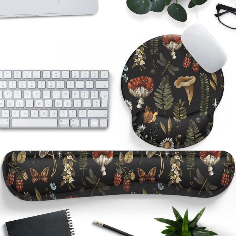 Mechanical Cattle Plant Mushroom Mouse Pad Black Aesthetic Ergonomic Desk Pad Wrist Support Keyboard Wrist Rest Set, Mouse Pad with Non-Slip Pu for Office Comfortable Mouse Wrist Rest for Easy Typing & Pain Relief. - Image 1