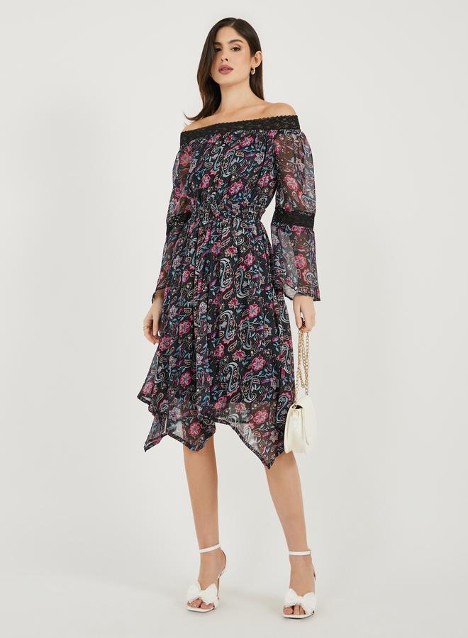 Styli Paisley Print Off Shoulder Asymmetric Hem Midi Dress - Image 4