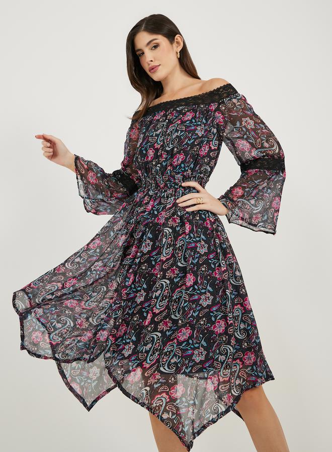 Styli Paisley Print Off Shoulder Asymmetric Hem Midi Dress - Image 1