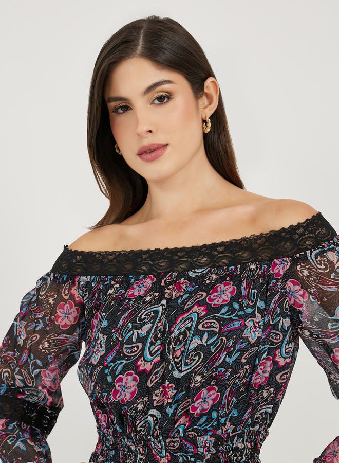 Styli Paisley Print Off Shoulder Asymmetric Hem Midi Dress - Image 5