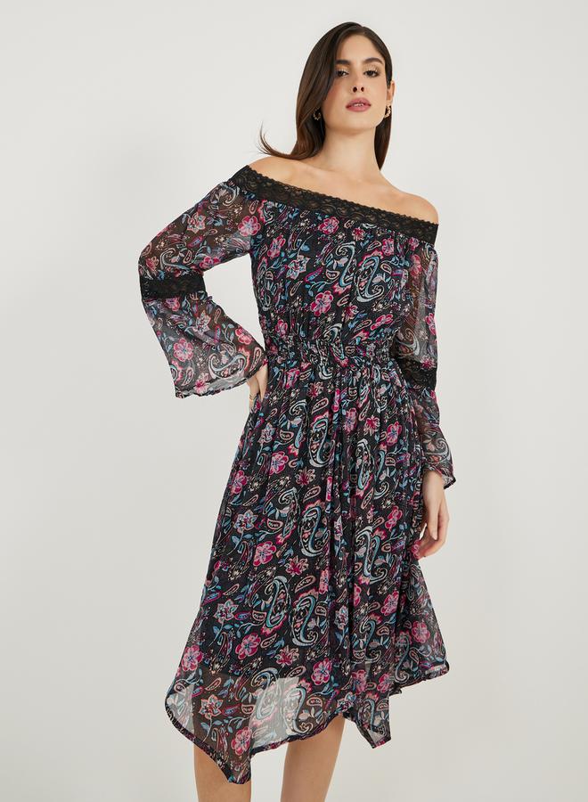 Styli Paisley Print Off Shoulder Asymmetric Hem Midi Dress - Image 3