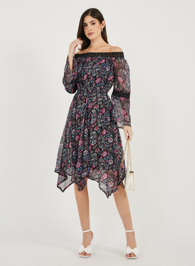 Styli Paisley Print Off Shoulder Asymmetric Hem Midi Dress - Image 2