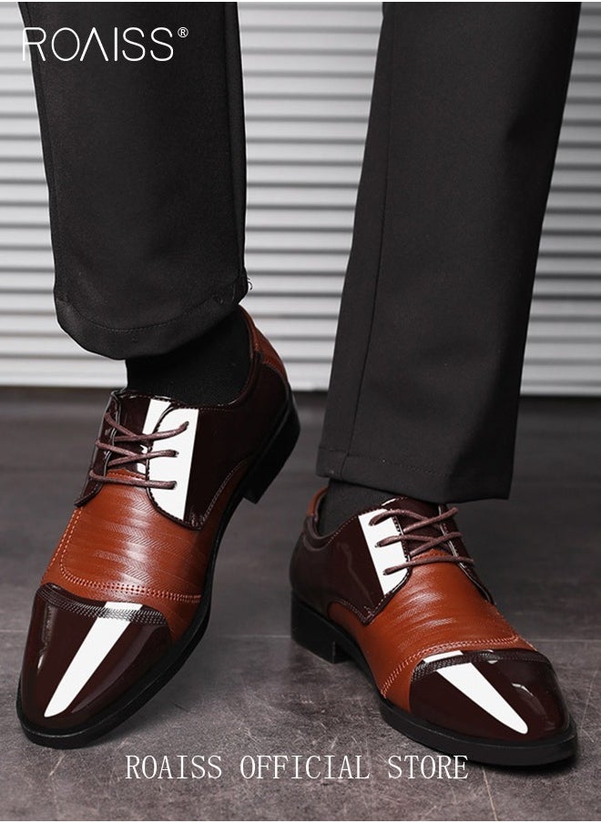 رويس أحذية رجالية مدببة من الجلد اللامع، أحذية رسمية منخفضة الرقبة مع أربطة ونعل مانع للانزلاق، أحذية أنيقة للرجال، أحذية جلدية كلاسيكية بسيطة للعمل، مناسبة للارتداء اليومي والعمل وحفلات الزفاف والأنشطة الخارجية - Image 1