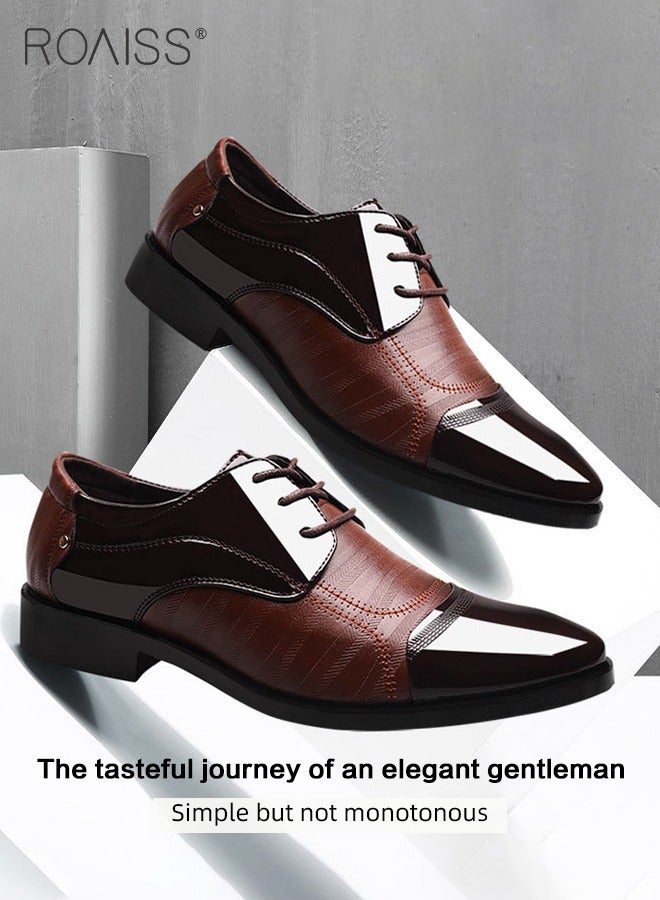 رويس أحذية رجالية مدببة من الجلد اللامع، أحذية رسمية منخفضة الرقبة مع أربطة ونعل مانع للانزلاق، أحذية أنيقة للرجال، أحذية جلدية كلاسيكية بسيطة للعمل، مناسبة للارتداء اليومي والعمل وحفلات الزفاف والأنشطة الخارجية - Image 3