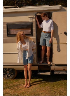 Blue Pleated Denim Shorts TWOSS21SR0121