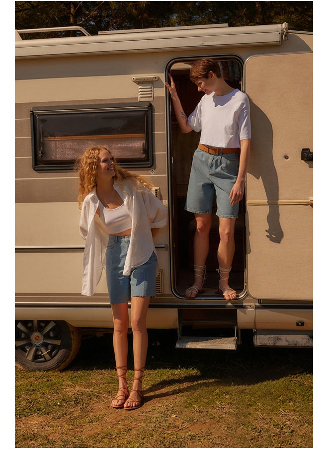 trendyol - Blue Pleated Denim Shorts TWOSS21SR0121 - Image 1