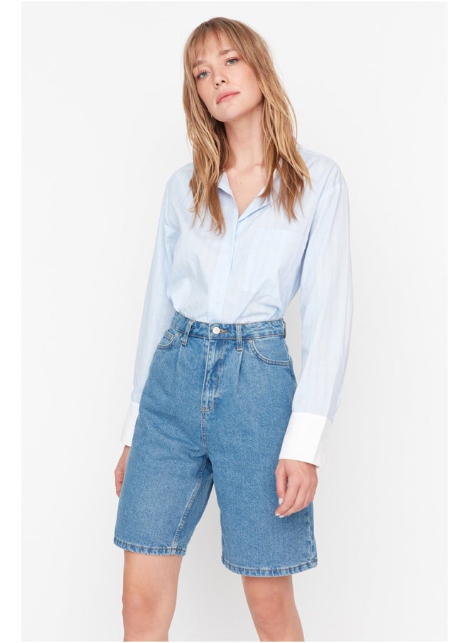trendyol - Blue Pleated Denim Shorts TWOSS21SR0121 - Image 1