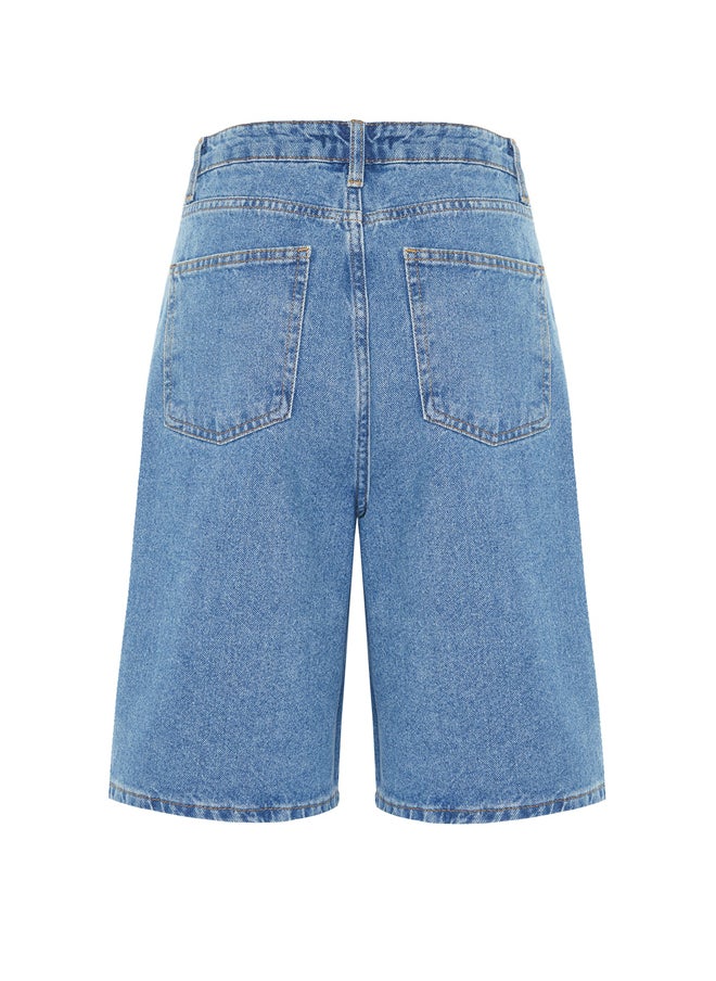 trendyol - Blue Pleated Denim Shorts TWOSS21SR0121 - Image 1