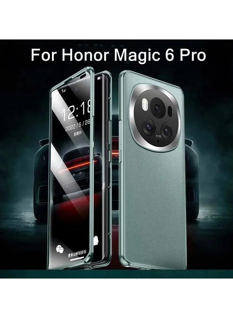 عام متوافق مع Honor Magic 6 Pro حافظة جلدية كاملة القشرة، غطاء أمامي من الزجاج الأمامي وظهر جلدي مغناطيسي، حافظة واقية معدنية مضادة للسقوط فائقة النحافة. - Image 2
