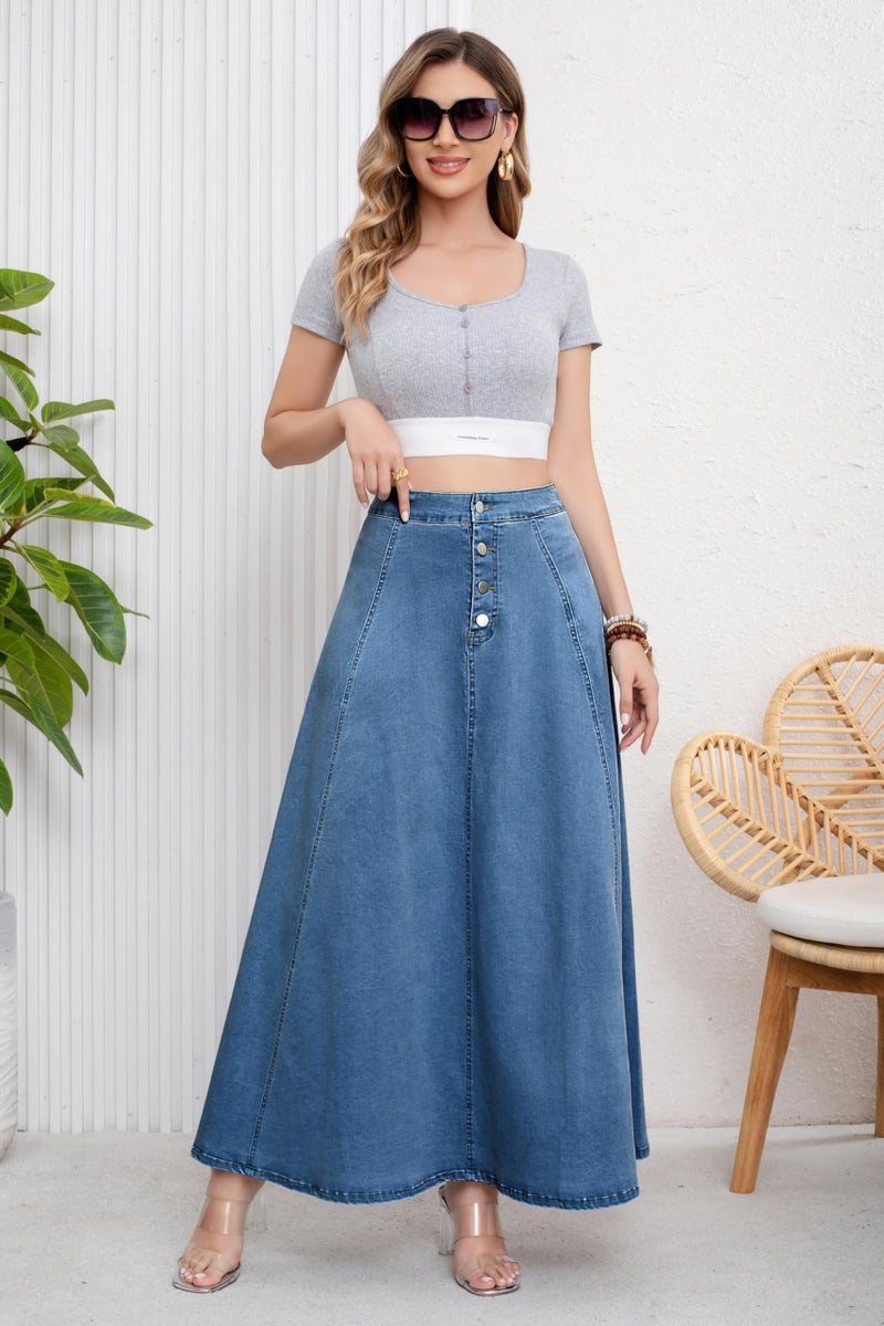 ebossy Women's Retro High Waisted Button Fly Flared Long Jean Skirts Pleated Flowy Swing A-line Denim Maxi Skirts (M, Blue) - Image 2