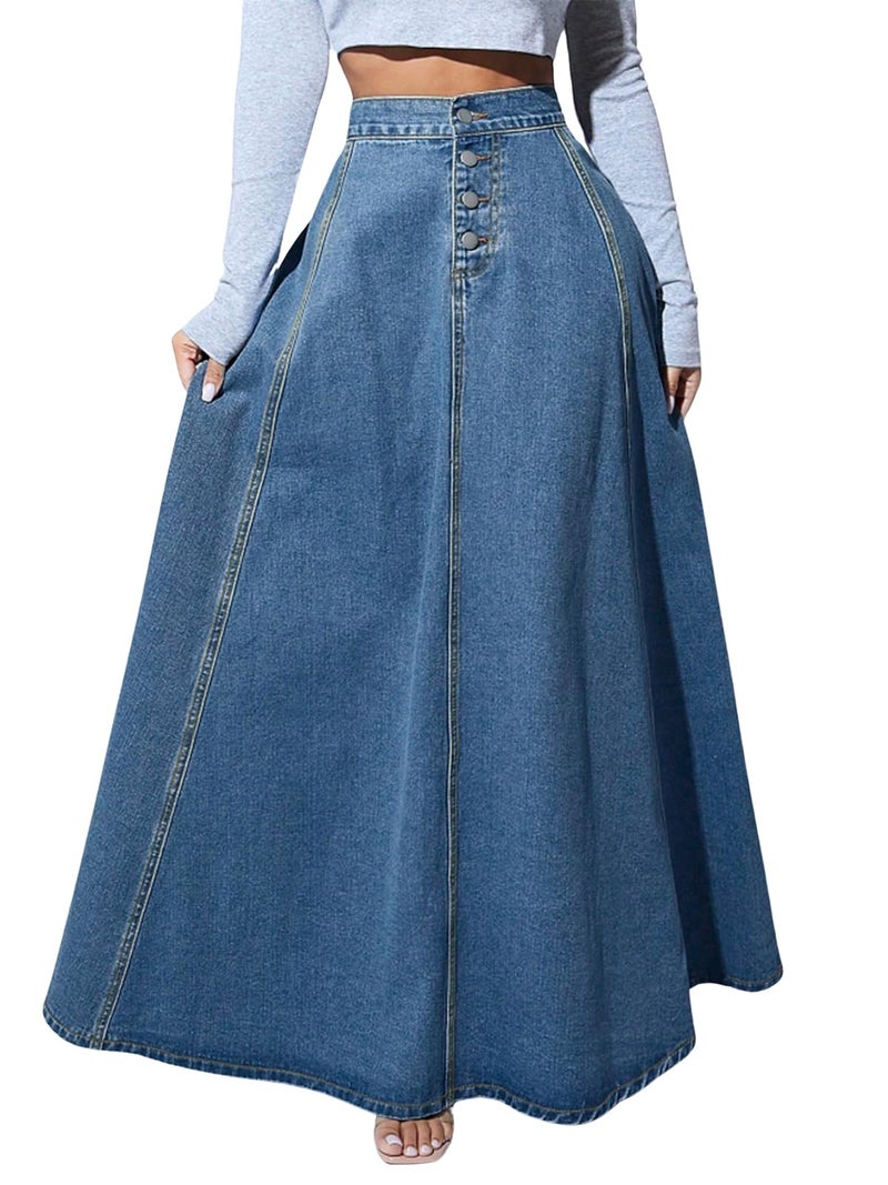 ebossy Women's Retro High Waisted Button Fly Flared Long Jean Skirts Pleated Flowy Swing A-line Denim Maxi Skirts (M, Blue) - Image 1