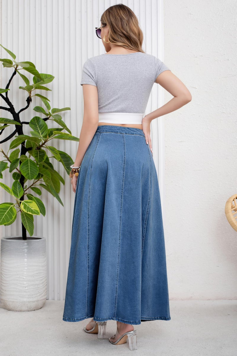 ebossy Women's Retro High Waisted Button Fly Flared Long Jean Skirts Pleated Flowy Swing A-line Denim Maxi Skirts (M, Blue) - Image 5