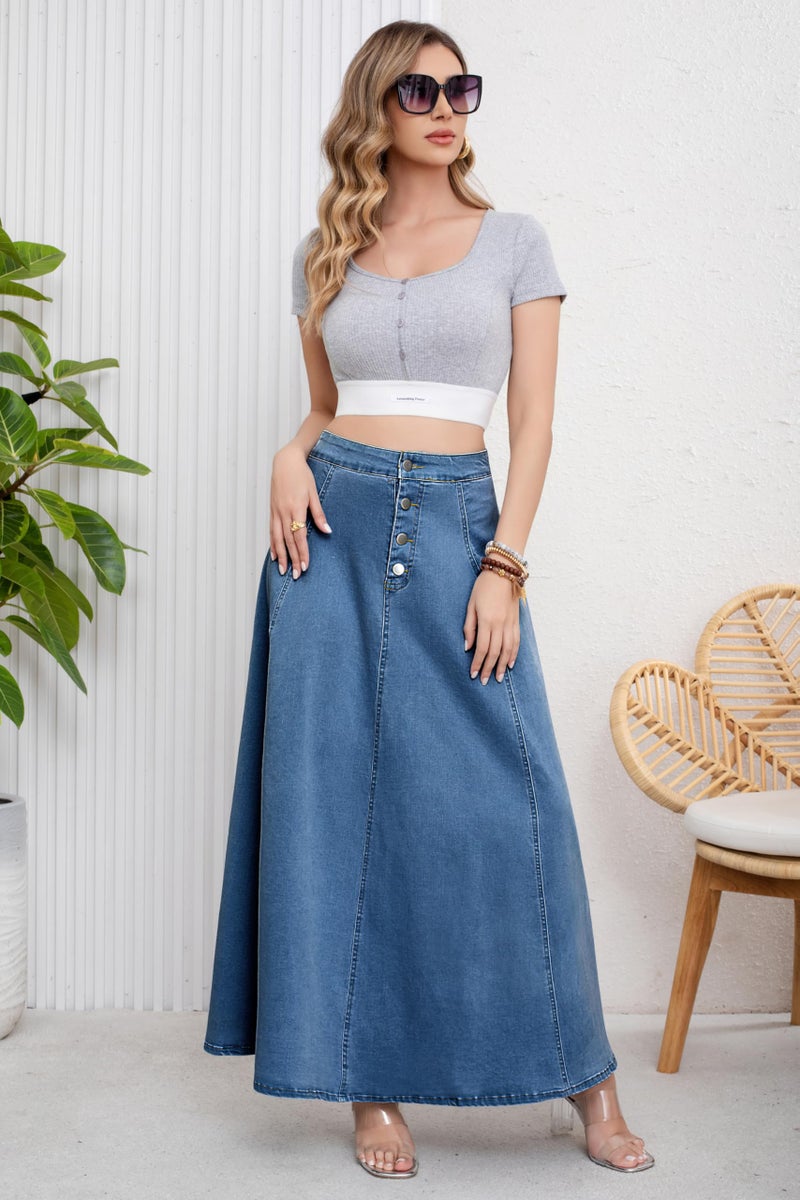 ebossy Women's Retro High Waisted Button Fly Flared Long Jean Skirts Pleated Flowy Swing A-line Denim Maxi Skirts (M, Blue) - Image 4
