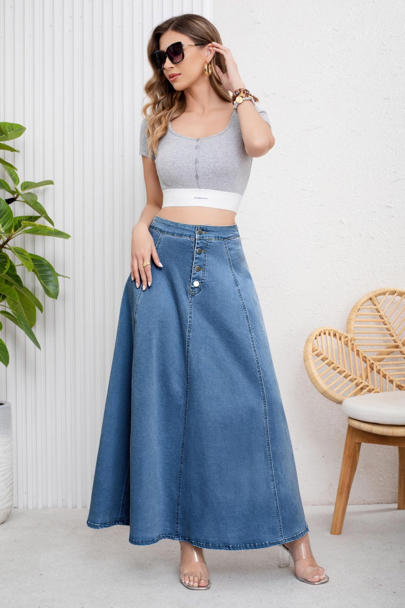 ebossy Women's Retro High Waisted Button Fly Flared Long Jean Skirts Pleated Flowy Swing A-line Denim Maxi Skirts (M, Blue) - Image 3