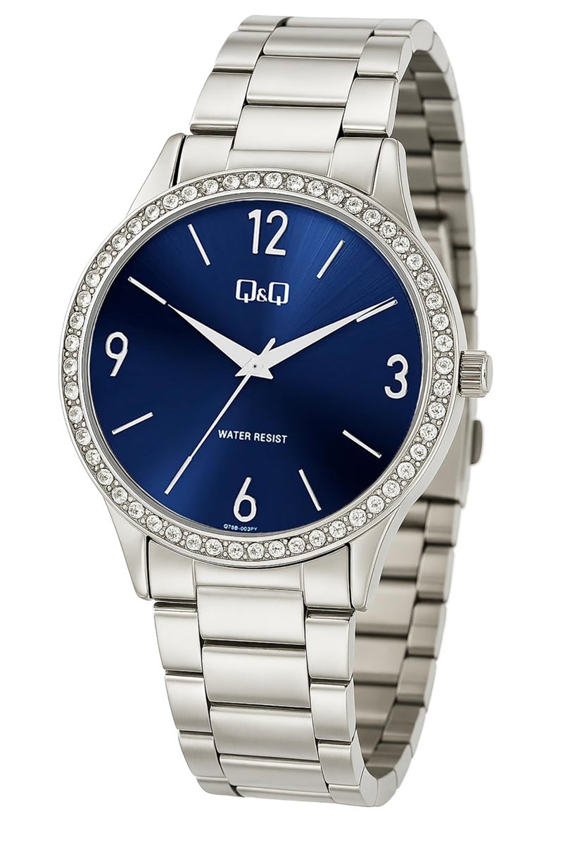 Q&Q Q75B-003PY Blue Dial Silver Band Stainless Steel Chain 30M Water Resistant Analog Wrist Watch for Women - Image 2