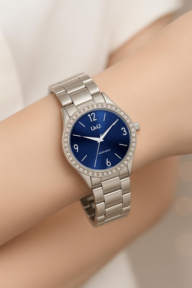 Q&Q Q75B-003PY Blue Dial Silver Band Stainless Steel Chain 30M Water Resistant Analog Wrist Watch for Women - Image 5