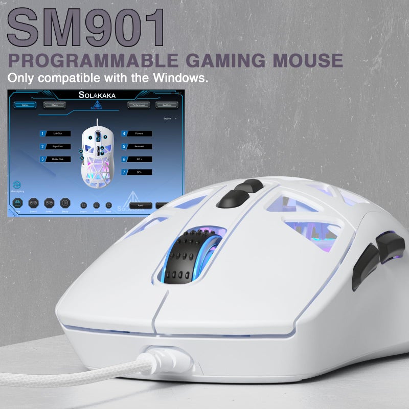 SOLAKAKA SM901 Gaming Mouse,13800DPI RGB Mouse with Programmable Buttons,53g Lightweight Wired Mouses for Gamer,White - Image 5