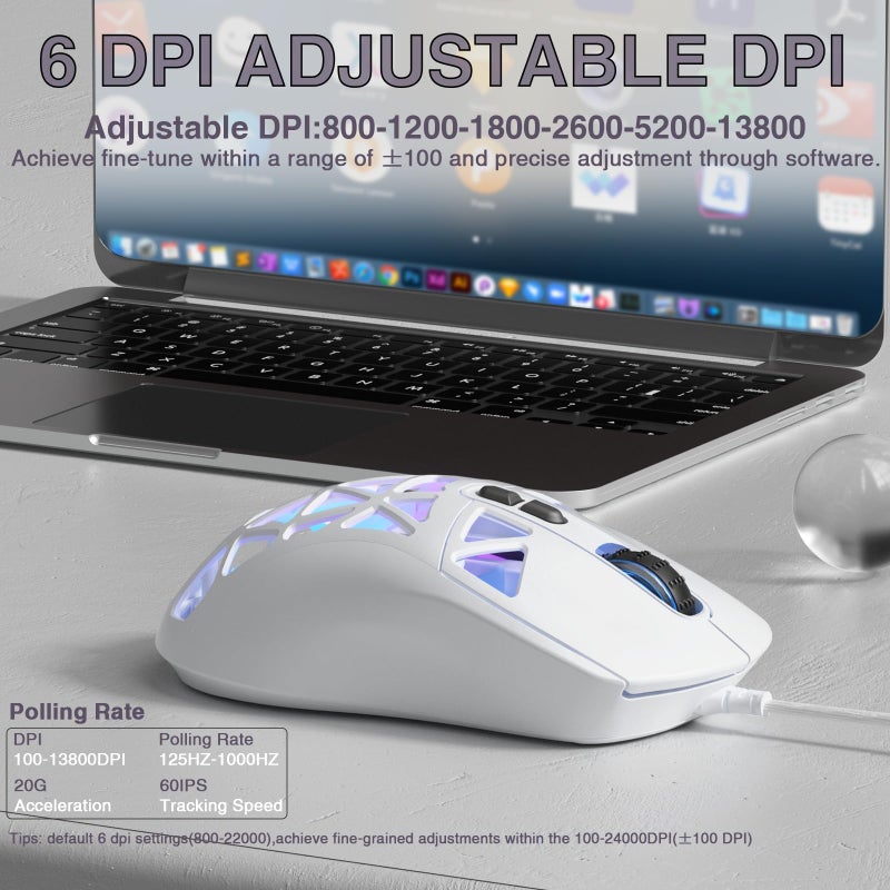 SOLAKAKA SM901 Gaming Mouse,13800DPI RGB Mouse with Programmable Buttons,53g Lightweight Wired Mouses for Gamer,White - Image 3