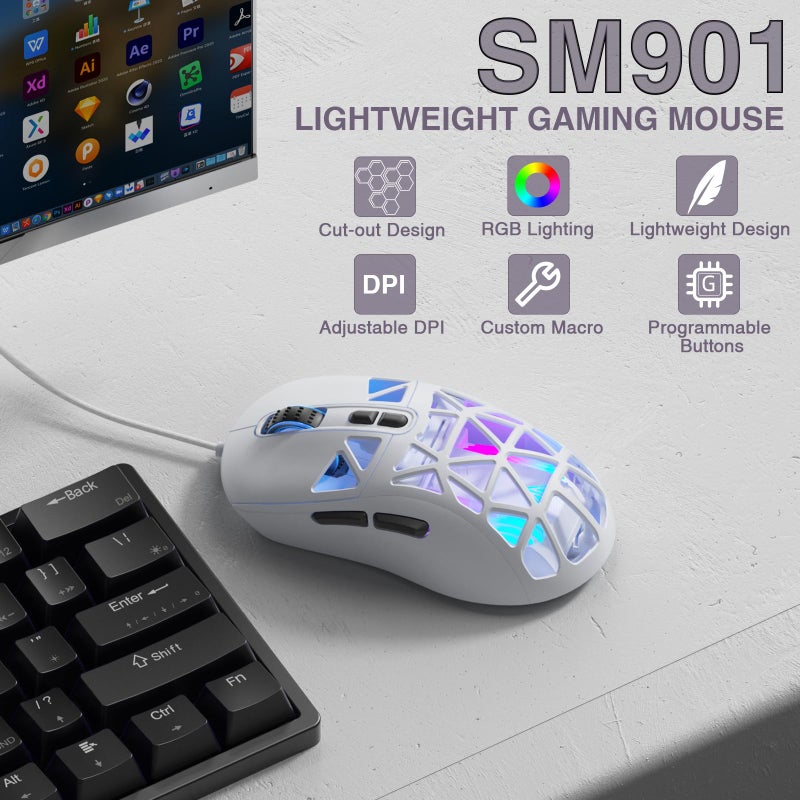SOLAKAKA SM901 Gaming Mouse,13800DPI RGB Mouse with Programmable Buttons,53g Lightweight Wired Mouses for Gamer,White - Image 2