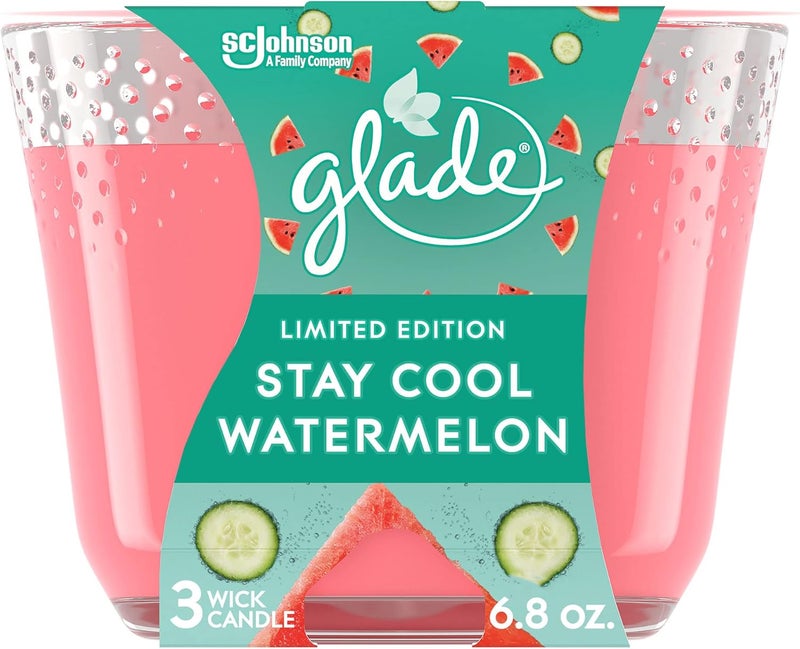 Glade Candle Stay Cool Watermelon, Fragrance Candle Infused with Essential Oils, Air Freshener Candle, 3-Wick Candle, 6.8oz