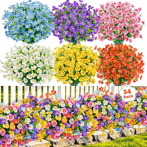 Der Rose 24 Bundles Artificial Pansy Flowers for Outdoors UV Resistant 6 Assorted Colors Fake Pansies Faux Flowers Buk for Outdoor Planters Window Boxes Flower Beds Garden Decor - Image 1