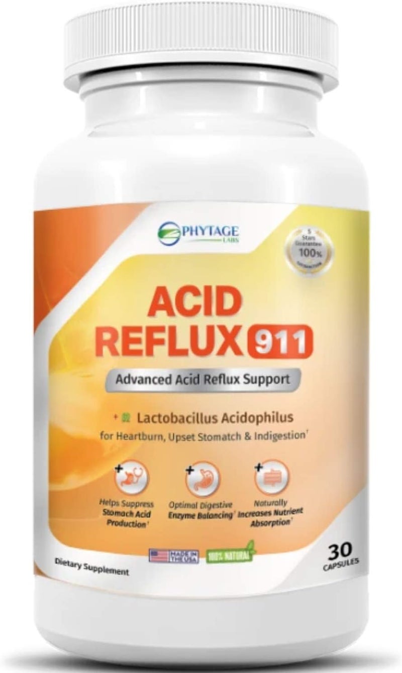 Phytage Labs Natural Acid Reflux 911 Supplement Helps Relief Upset Stomach Heartburn and Acid Indigestion  100 Natural Powerful Acid Reducer For Fast Natural GERD And Heartburn Relief  30 Capsules - Image 1