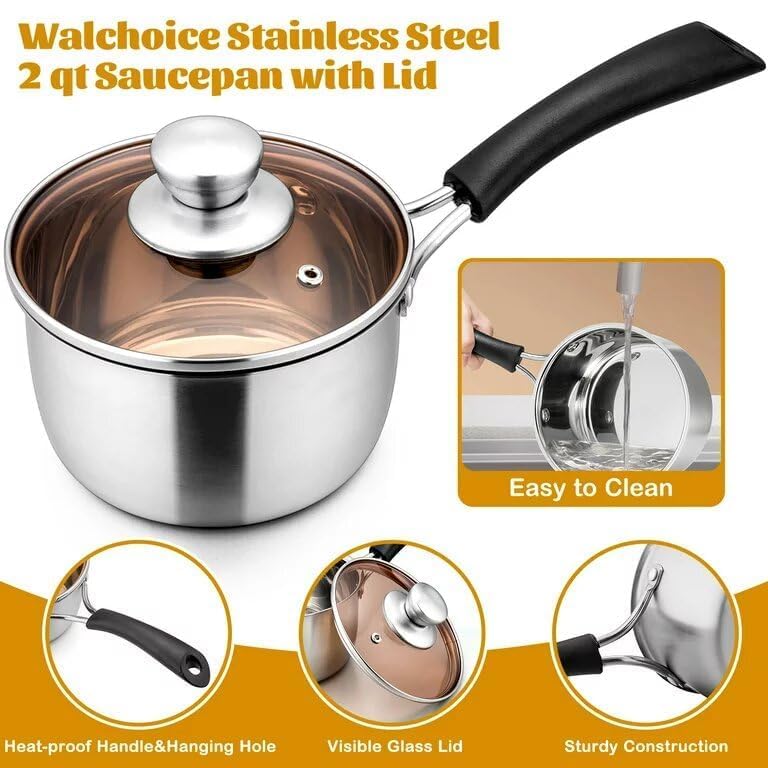 Grofly SS Milk Pan LID Saucepan Home Kitchen Restaurant Cooking Tea Pot Cookware Gas Milk panTea panSauce panMilk Soup Pan for Home Kitchen Restaurant Induction Compatible Easy Clean - Image 3
