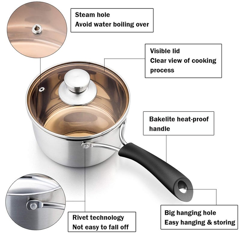 Grofly SS Milk Pan LID Saucepan Home Kitchen Restaurant Cooking Tea Pot Cookware Gas Milk panTea panSauce panMilk Soup Pan for Home Kitchen Restaurant Induction Compatible Easy Clean - Image 4