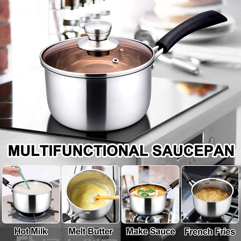 Grofly SS Milk Pan LID Saucepan Home Kitchen Restaurant Cooking Tea Pot Cookware Gas Milk panTea panSauce panMilk Soup Pan for Home Kitchen Restaurant Induction Compatible Easy Clean - Image 5