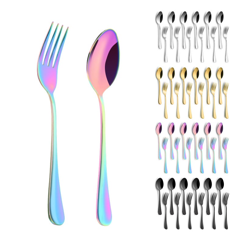 12 Pieces Spoons and Forks SetFood Grade Stainless Steel Flatware Cutlery Set6 Forks and 6 Spoons Silverware Set for HomeKitchenRestaurantMirror Polished Dishwasher SafeRainbow