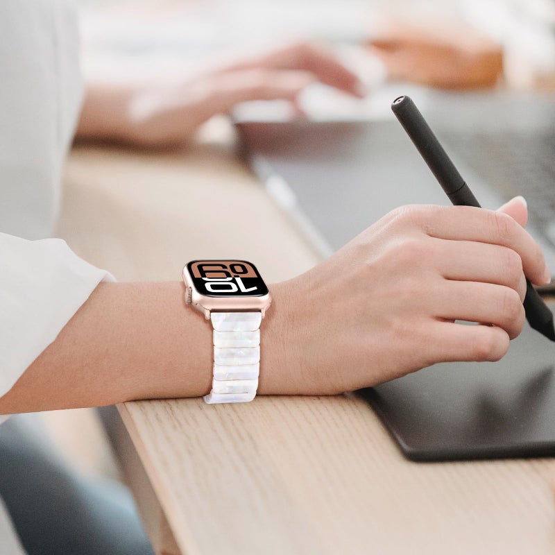 V-MORO Resin Band Compatible with Apple Watch Series 7/8/9/10/11 41mm/40mm/38mm/42mm Fashion Cute Strap for iWatch Series 6/5/4/3/2/1/SE/SE 2 Lightweight Bracelet Wristband Women(Classic Aurora White) - Image 3