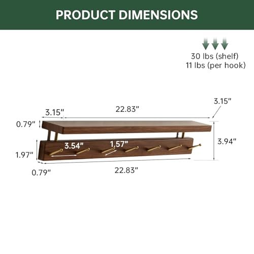 Wayshome Walnut Wall Hooks with Shelf, Coat Rack Wall Mount, Entryway Hanging Shelf with 7 Brass Hooks for Hats, Clothes, Towels, Bags, Black Walnut Wood, Natural - Image 2