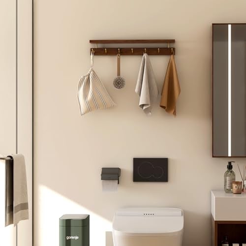 Wayshome Walnut Wall Hooks with Shelf, Coat Rack Wall Mount, Entryway Hanging Shelf with 7 Brass Hooks for Hats, Clothes, Towels, Bags, Black Walnut Wood, Natural - Image 5