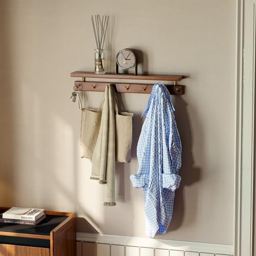 Wayshome Walnut Wall Hooks with Shelf, Coat Rack Wall Mount, Entryway Hanging Shelf with 7 Brass Hooks for Hats, Clothes, Towels, Bags, Black Walnut Wood, Natural - Image 1